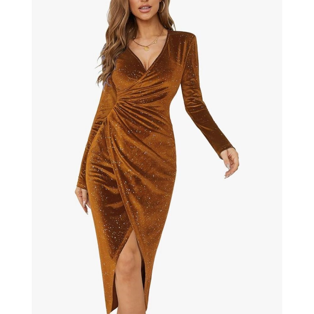 NEW VNeck Long Sleeve Velvet Bodycon Midi Glitter Ruched Formal Dress L